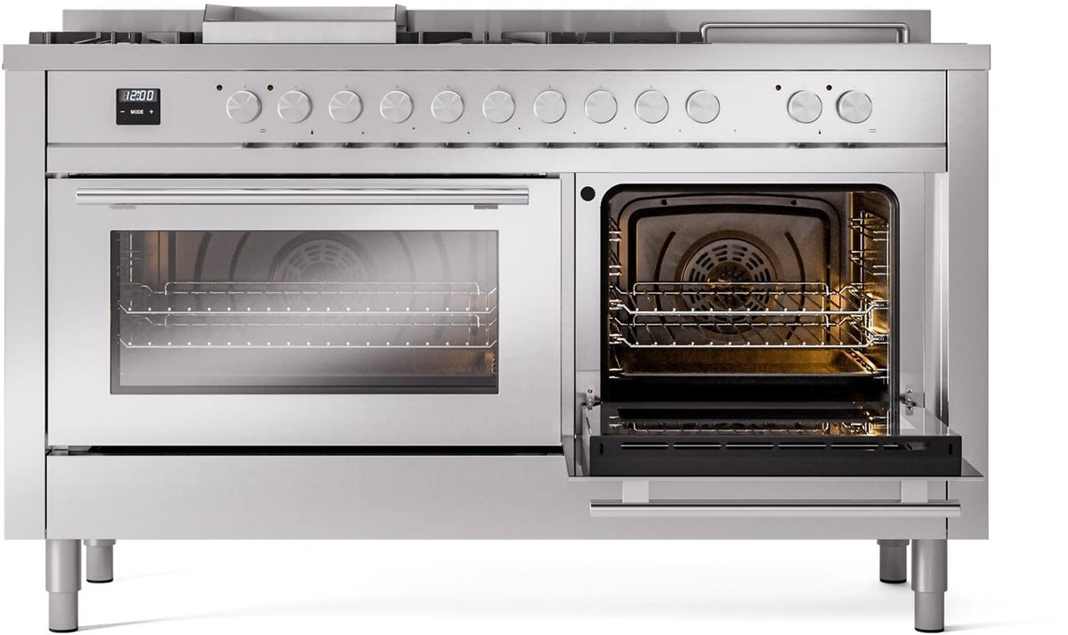 ILVE dual fuel gas range with large oven door open and broil door open