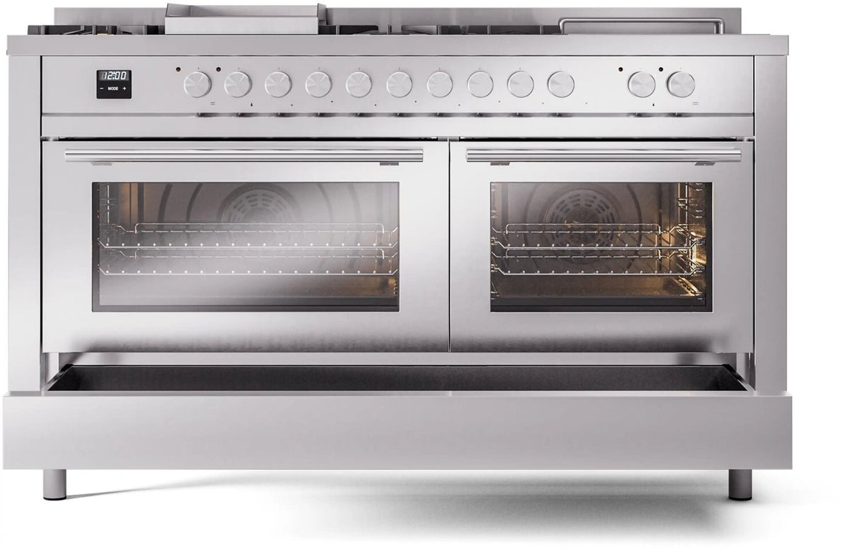 ILVE dual fuel gas range with both oven doors closed and windows visible