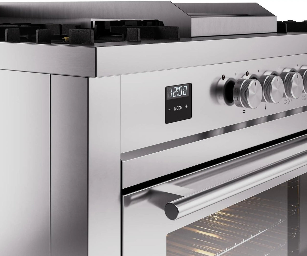ILVE dual fuel gas range control panel with knobs and digital display