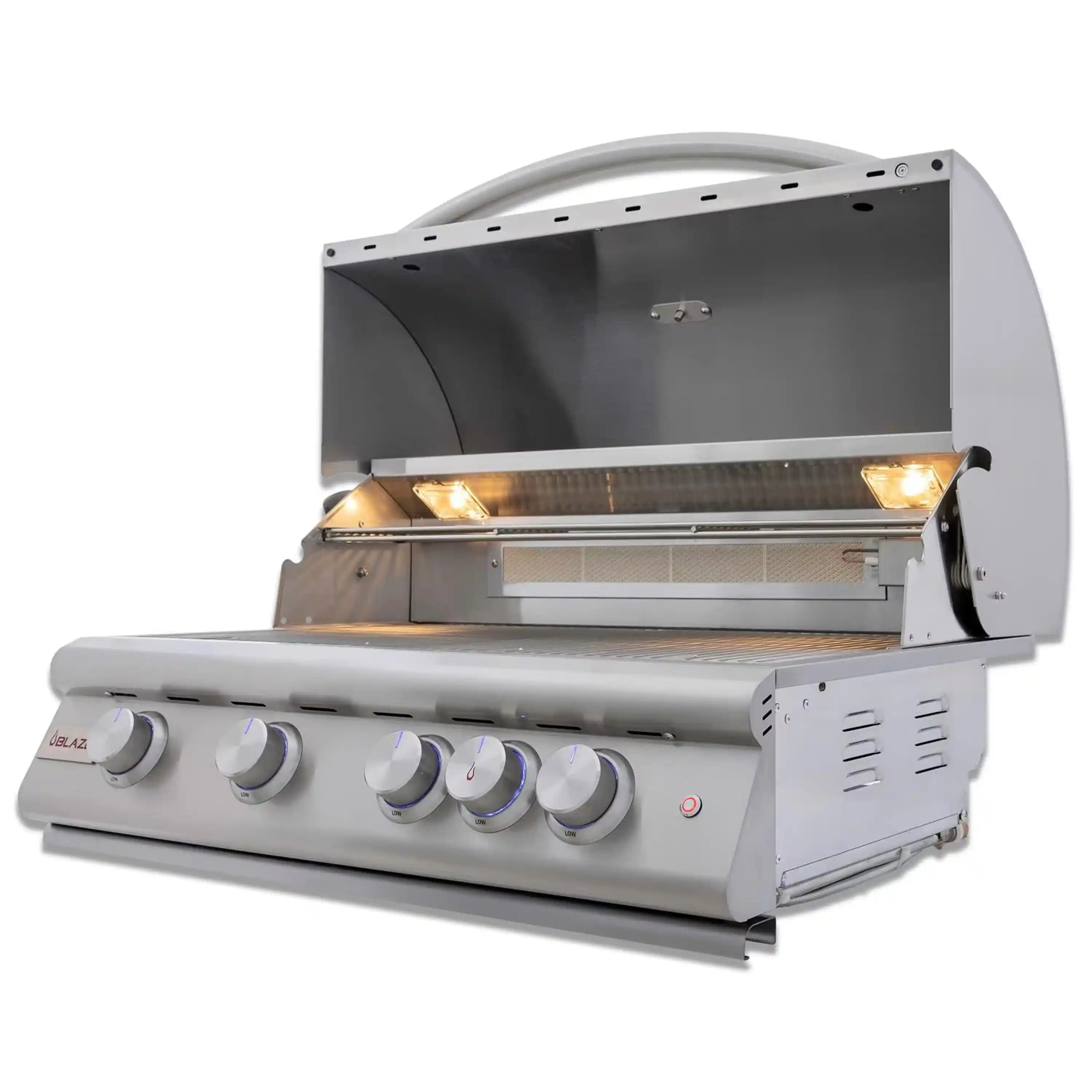Open stainless propane gas grill with illuminated rear burner and front control panel