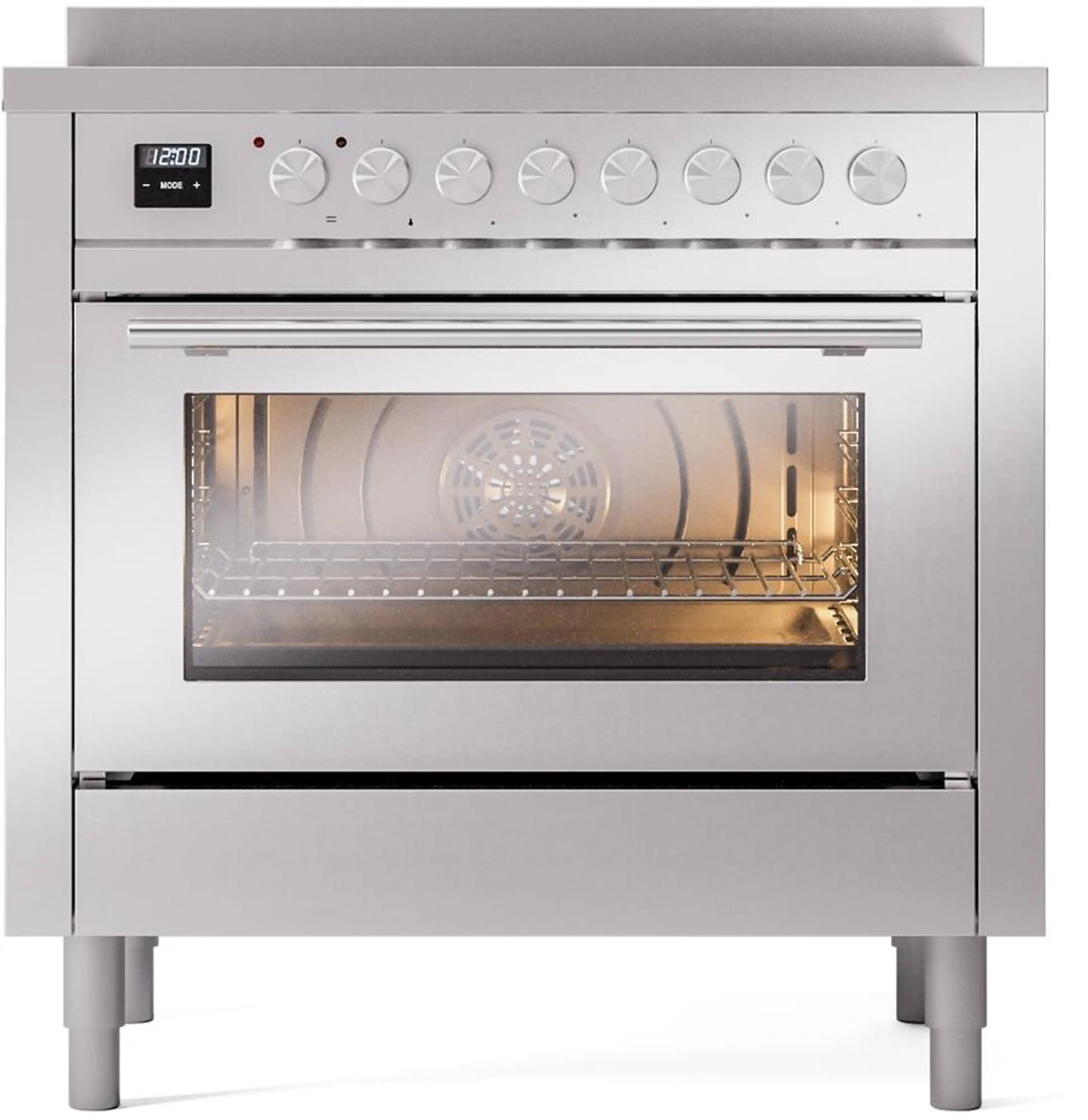 Stainless steel induction range front view with open oven door and lit interior