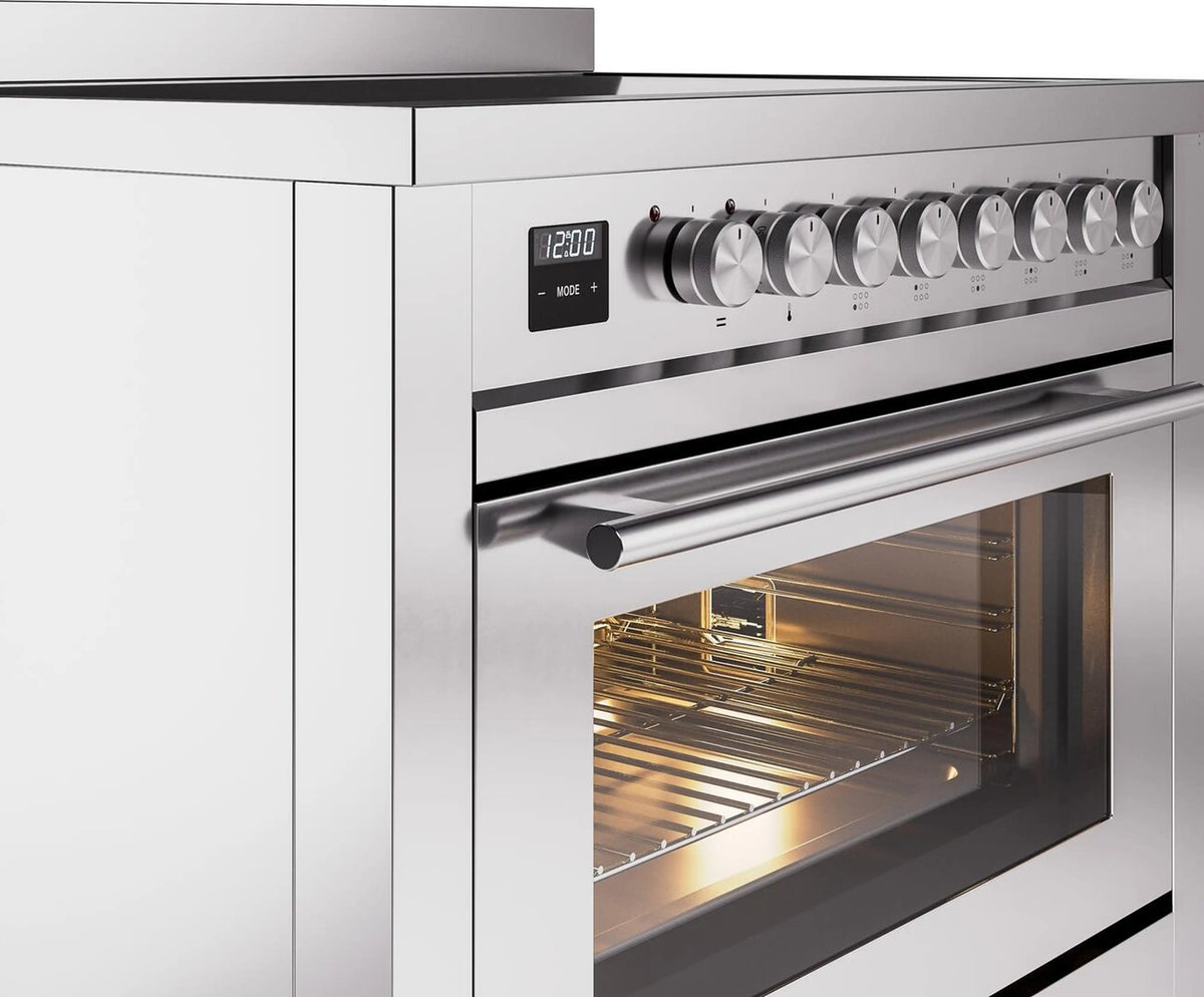 Stainless steel induction range with open oven door and control knob panel