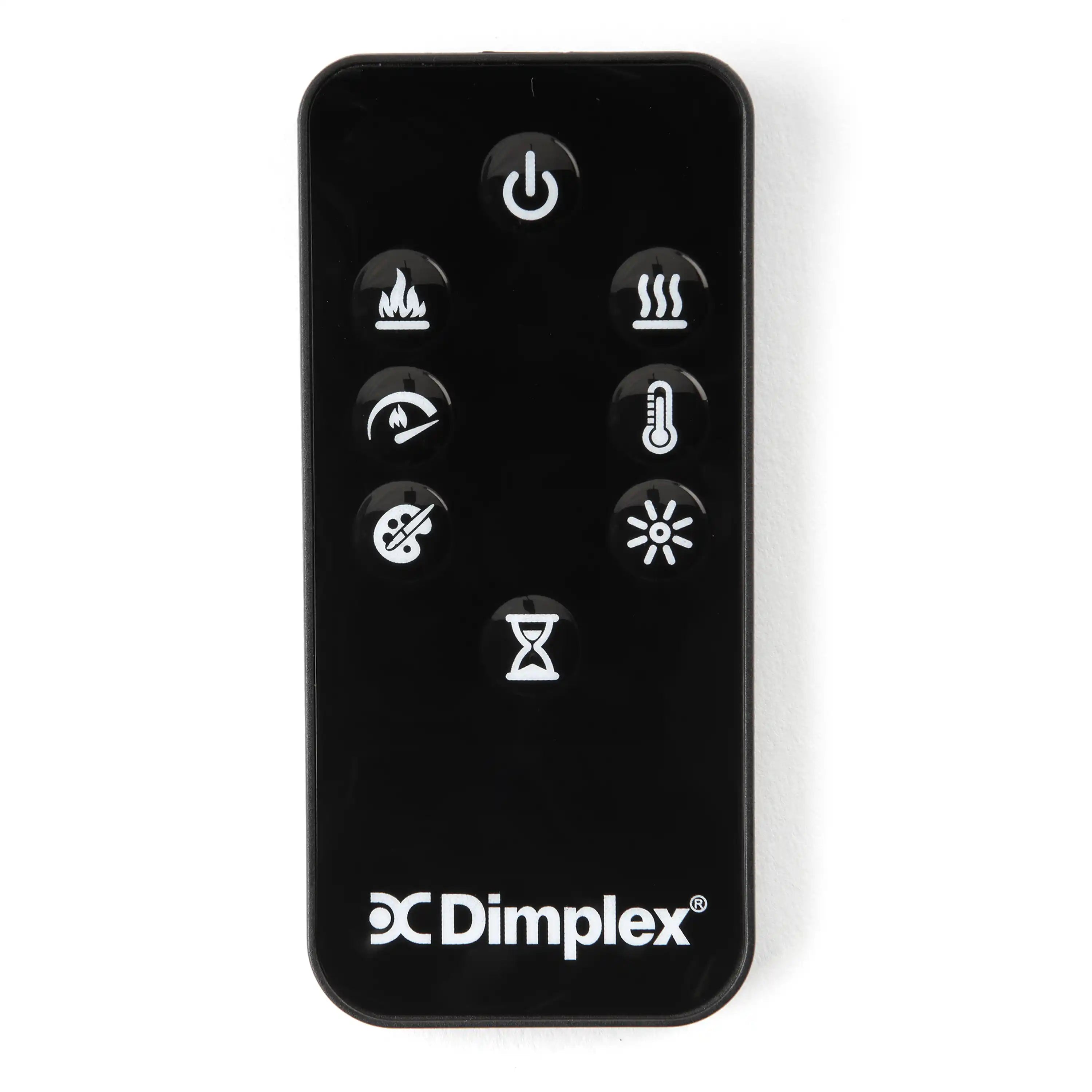 Black remote control for electric firebox with Dimplex branding and function buttons