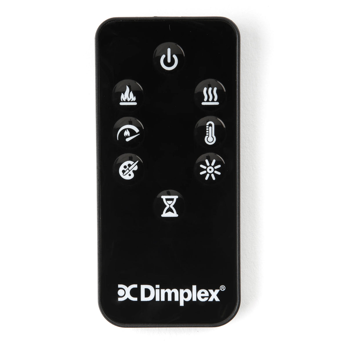 Dimplex electric firebox remote control with black buttons and power icon