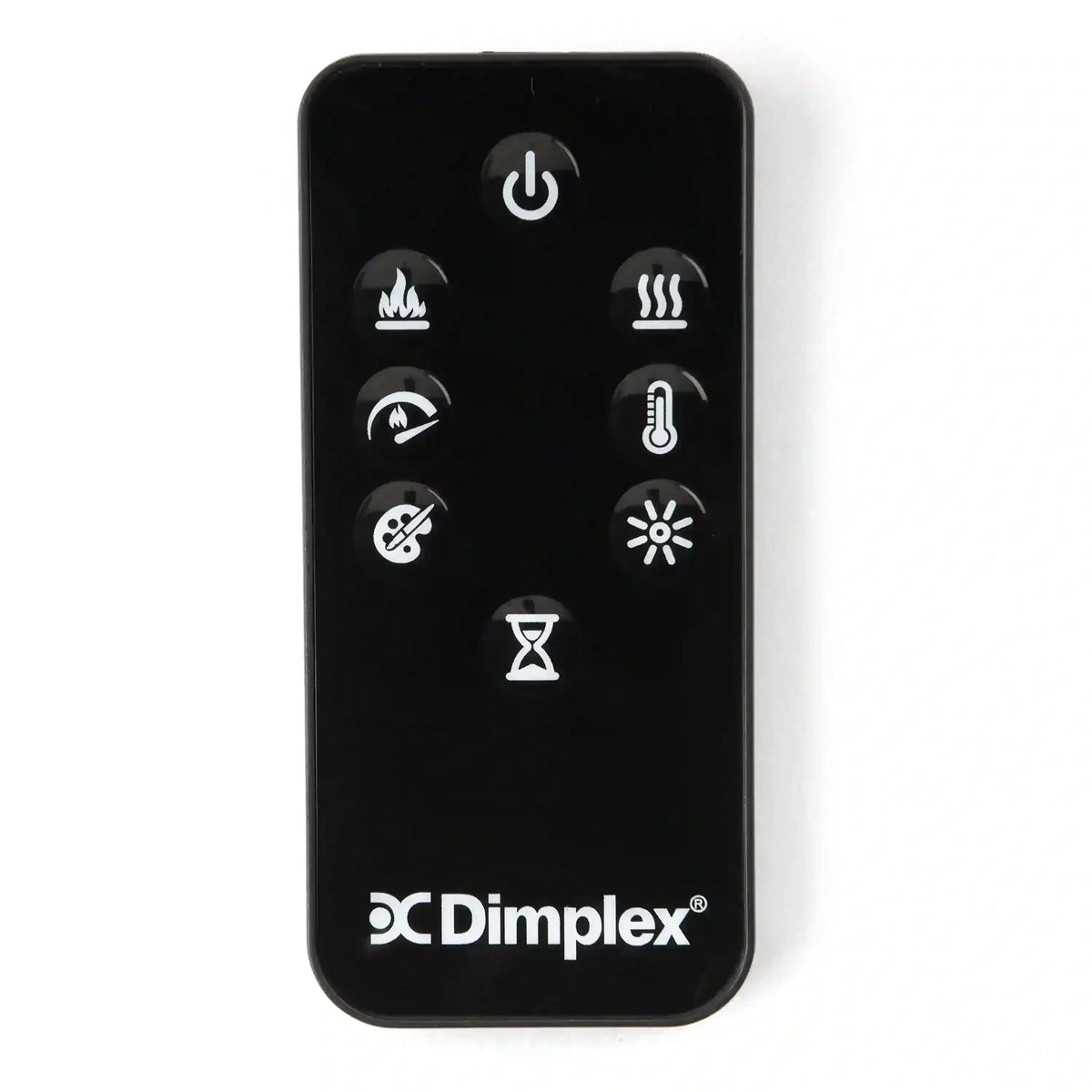 Black Dimplex remote control with power and flame control icons and backlit buttons