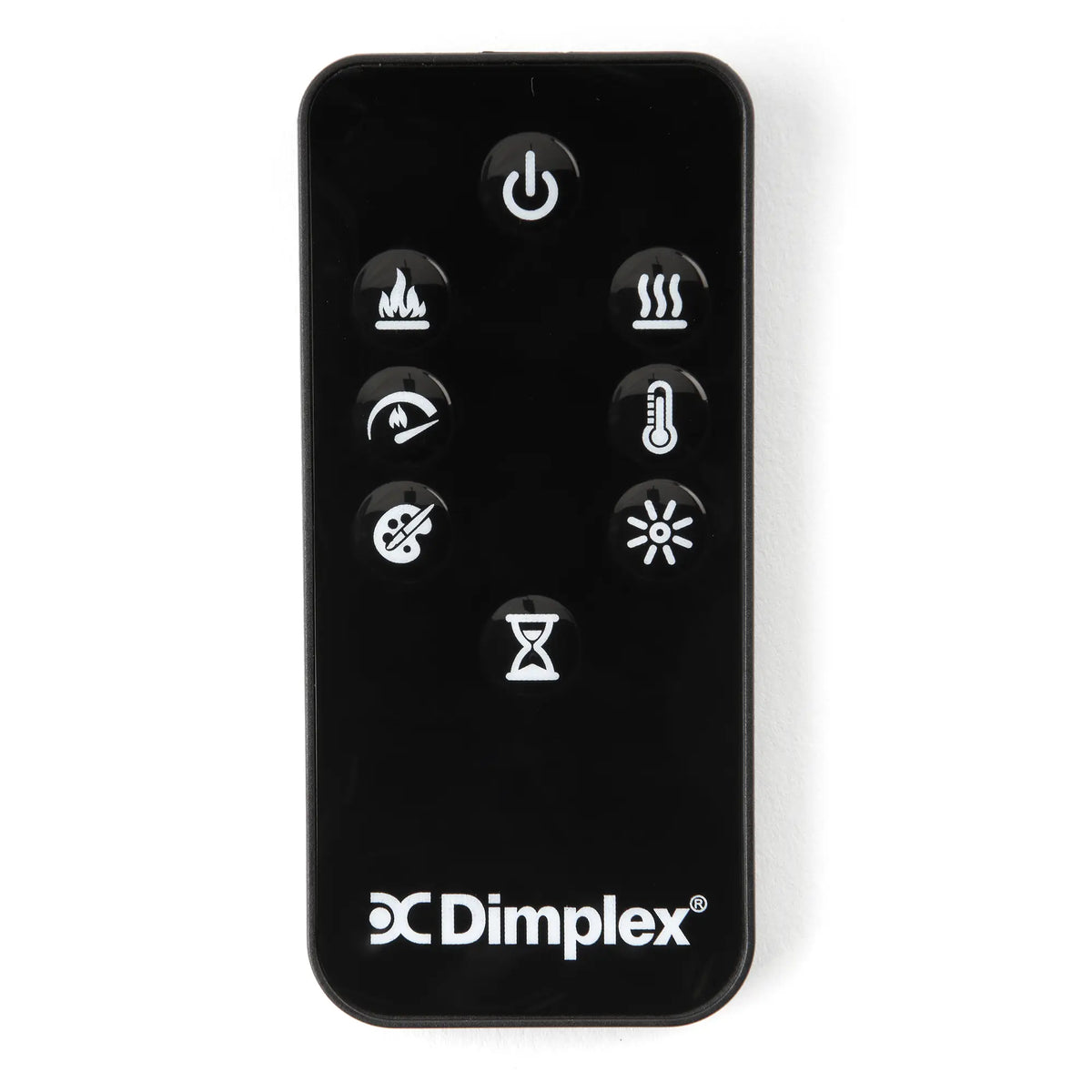 Black Dimplex remote control with function icons and power button