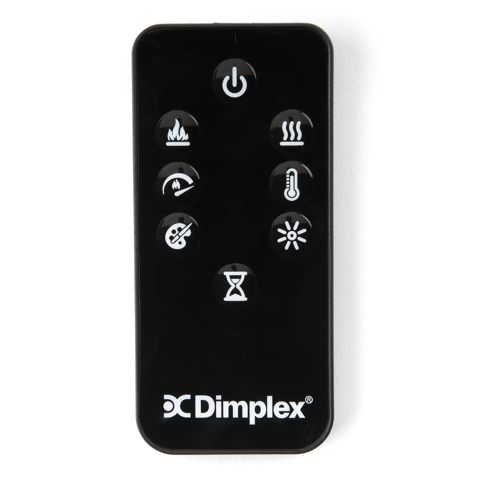 Black handheld Dimplex remote with round function buttons including power and heat