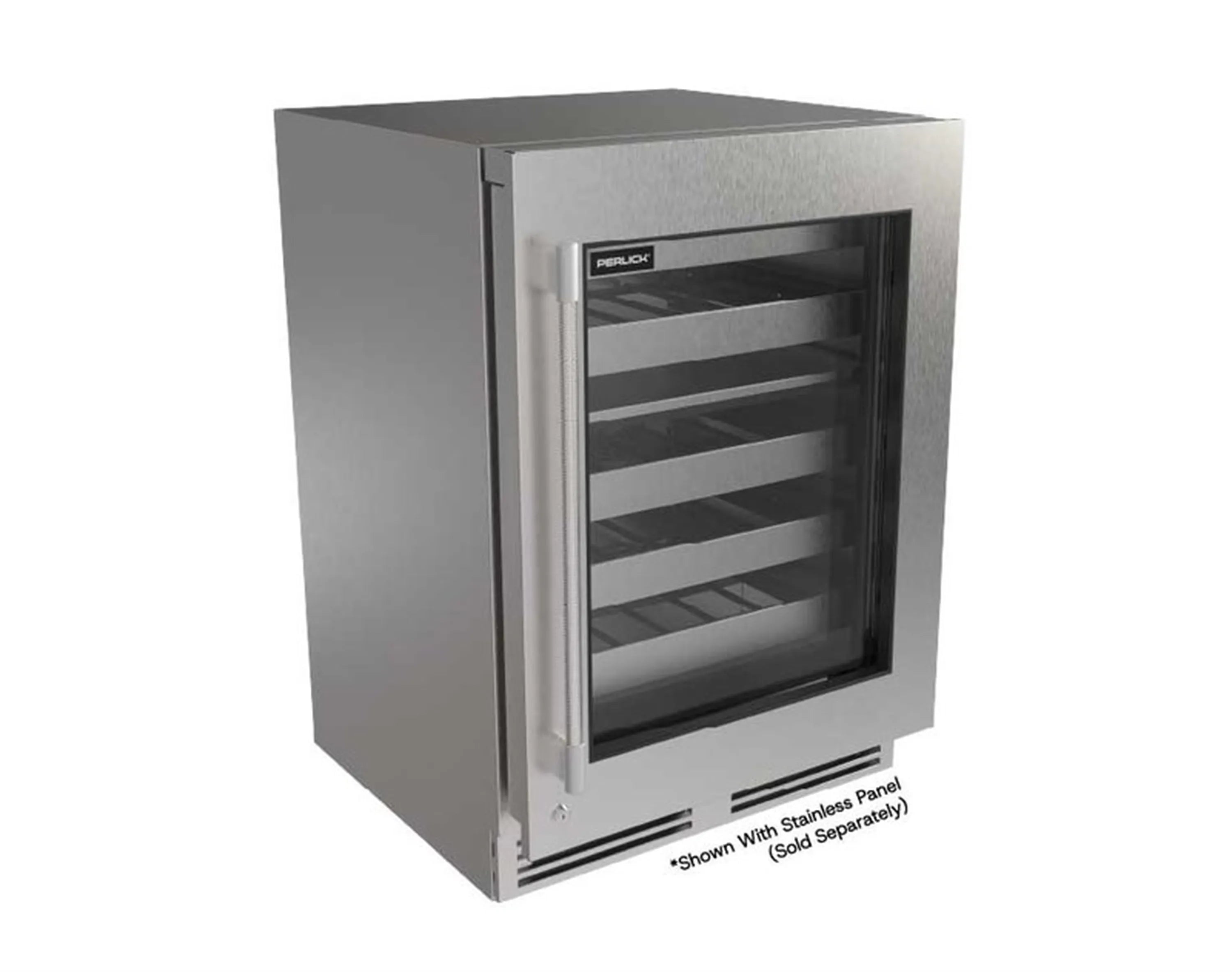 Stainless undercounter wine cooler with black-framed glass door