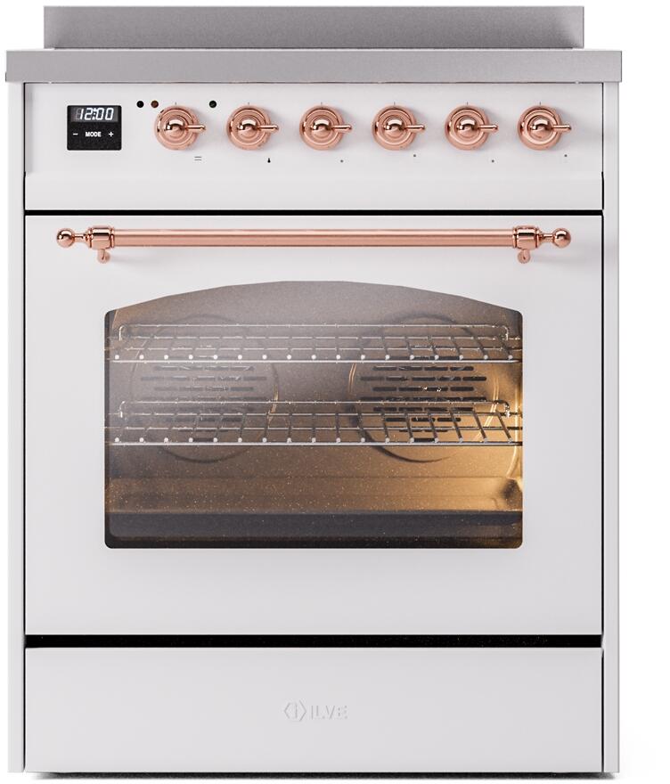 White electric induction range with copper control knobs and oven viewing window