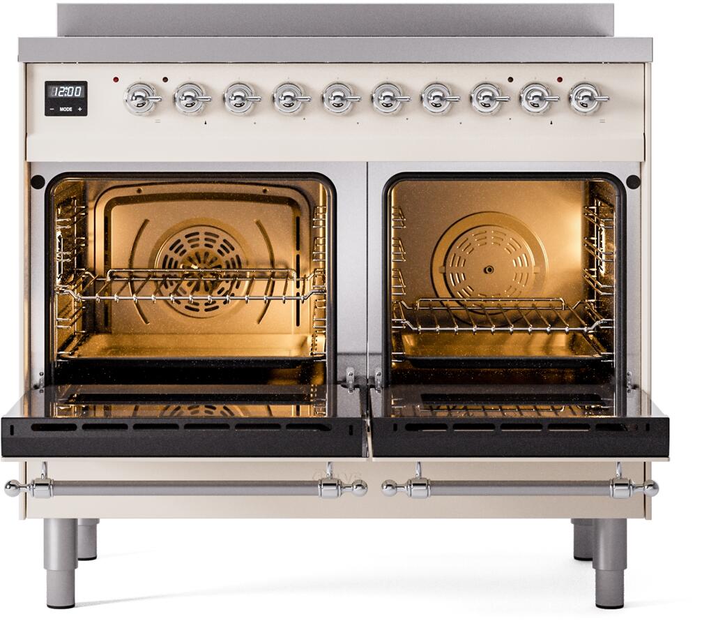 Freestanding induction range with both oven doors open and wire racks inside