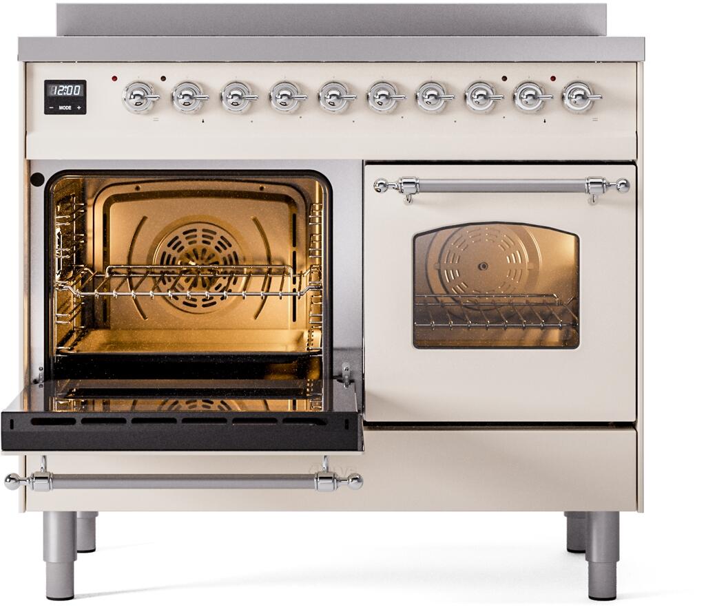 Induction range with left oven open and right oven door closed, antique white