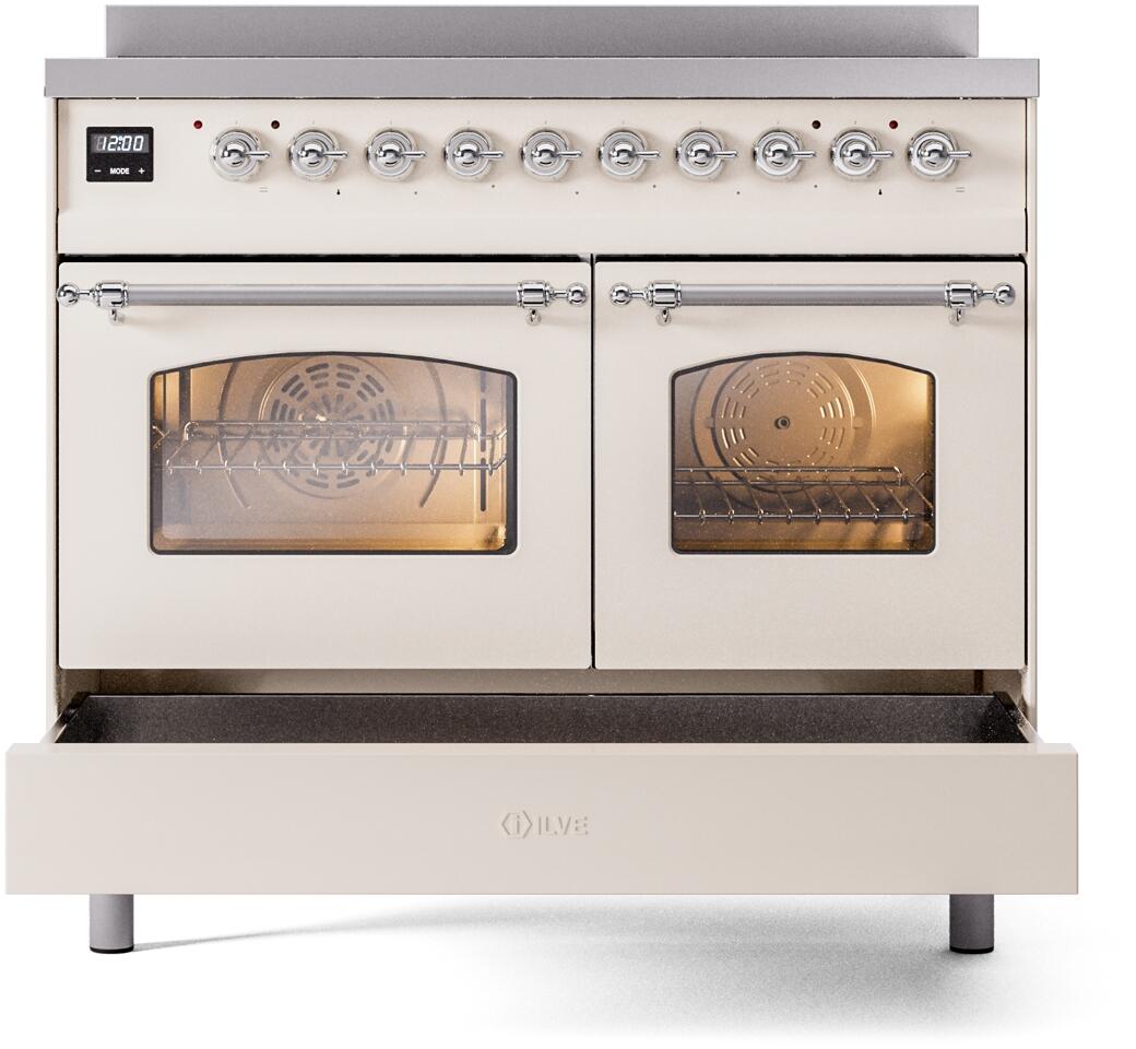 Induction range front with both oven doors closed and chrome control panel