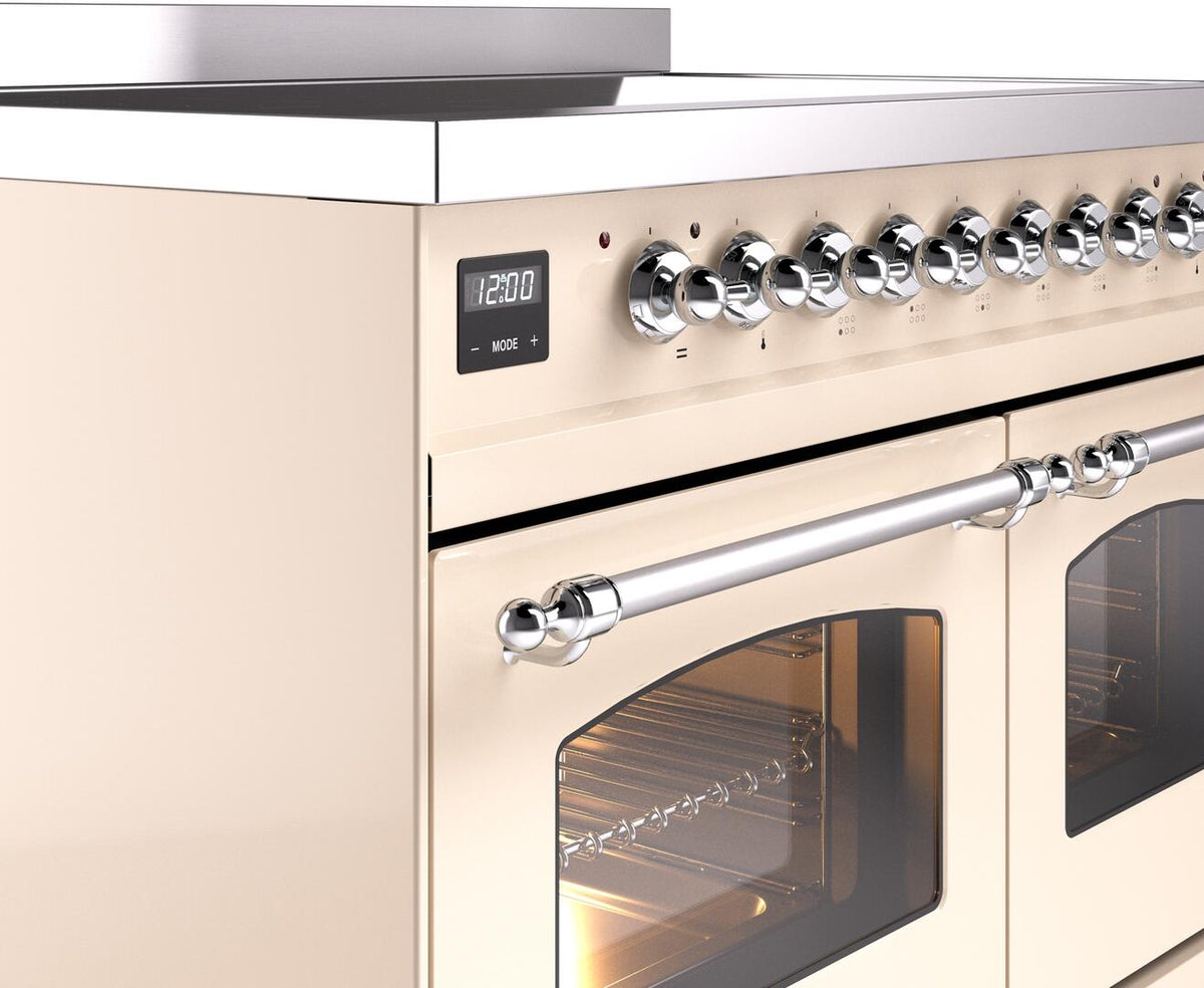Induction range side view with chrome knobs and oven door handle detail