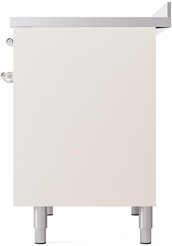 Back side of antique white induction range with chrome fittings and feet