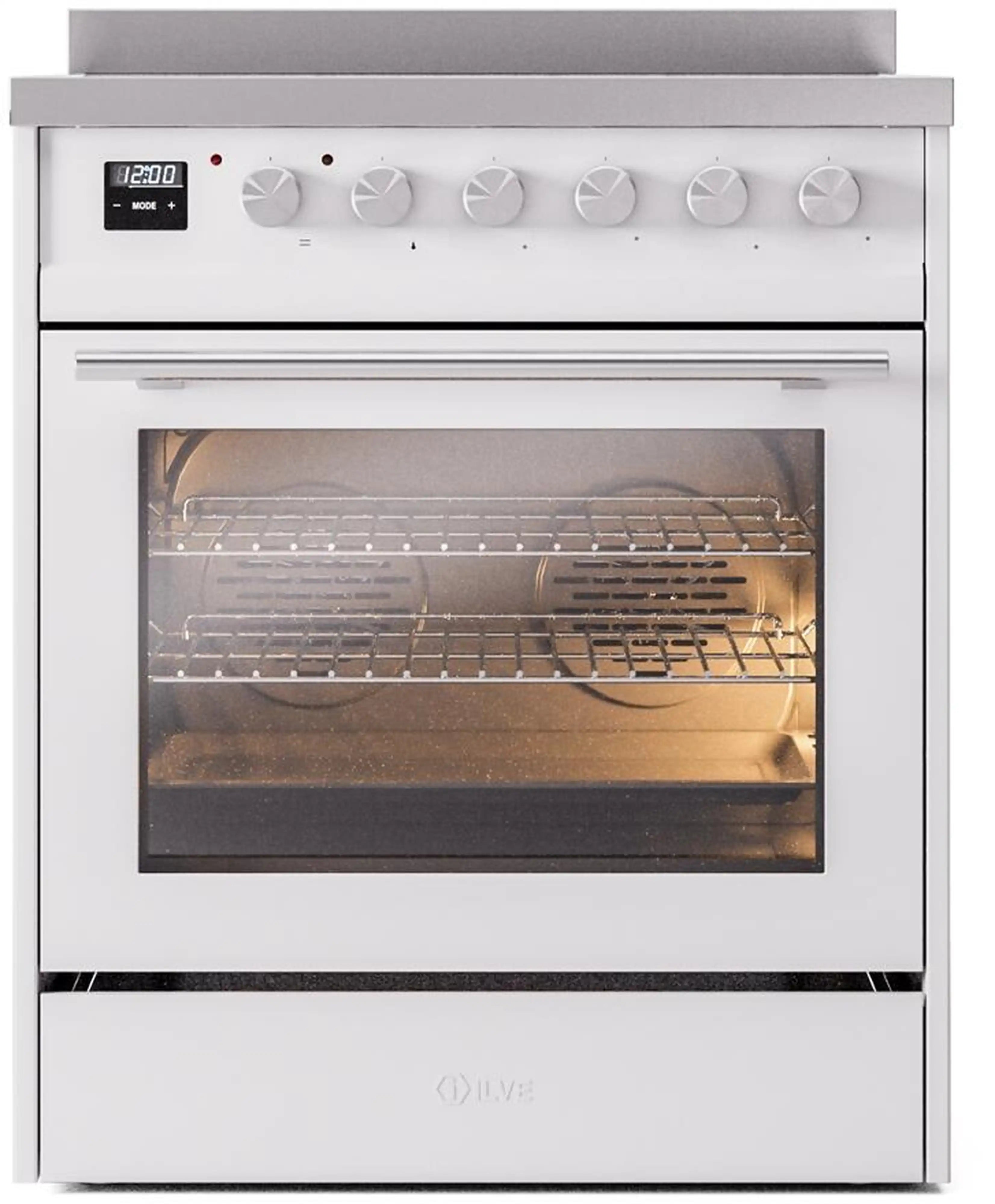 White induction range with closed oven door and top row of control knobs