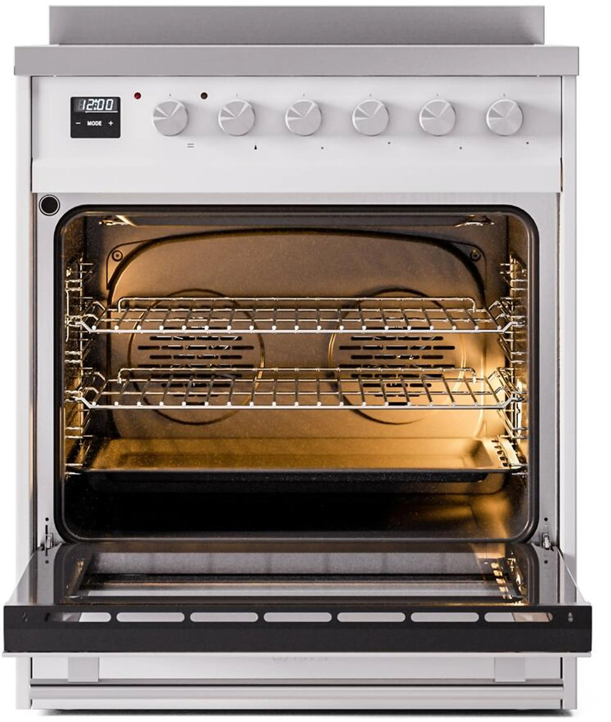 White induction range with open oven showing racks and glowing interior