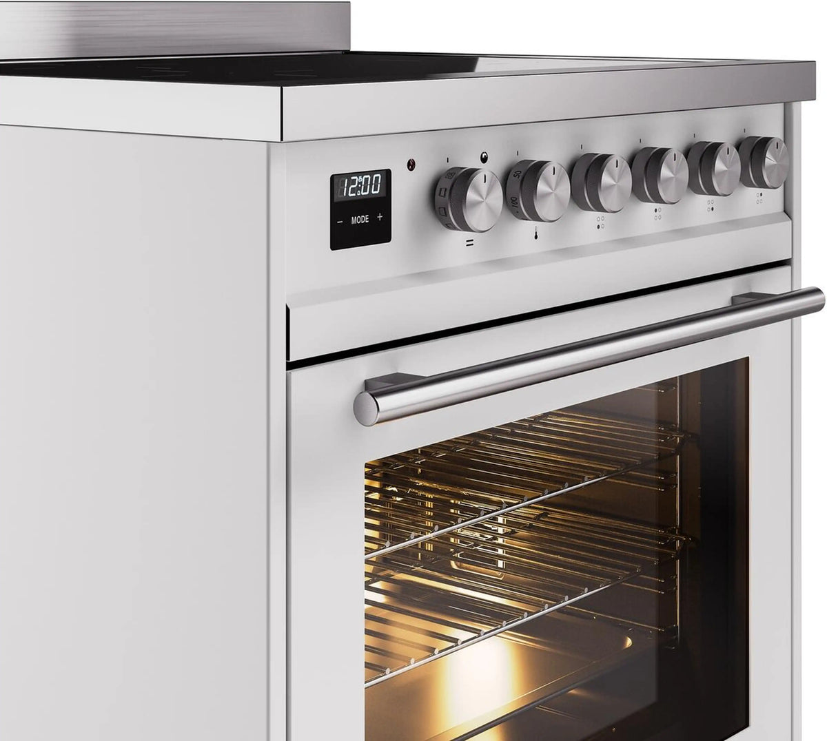 White induction range oven door with control panel and round knobs