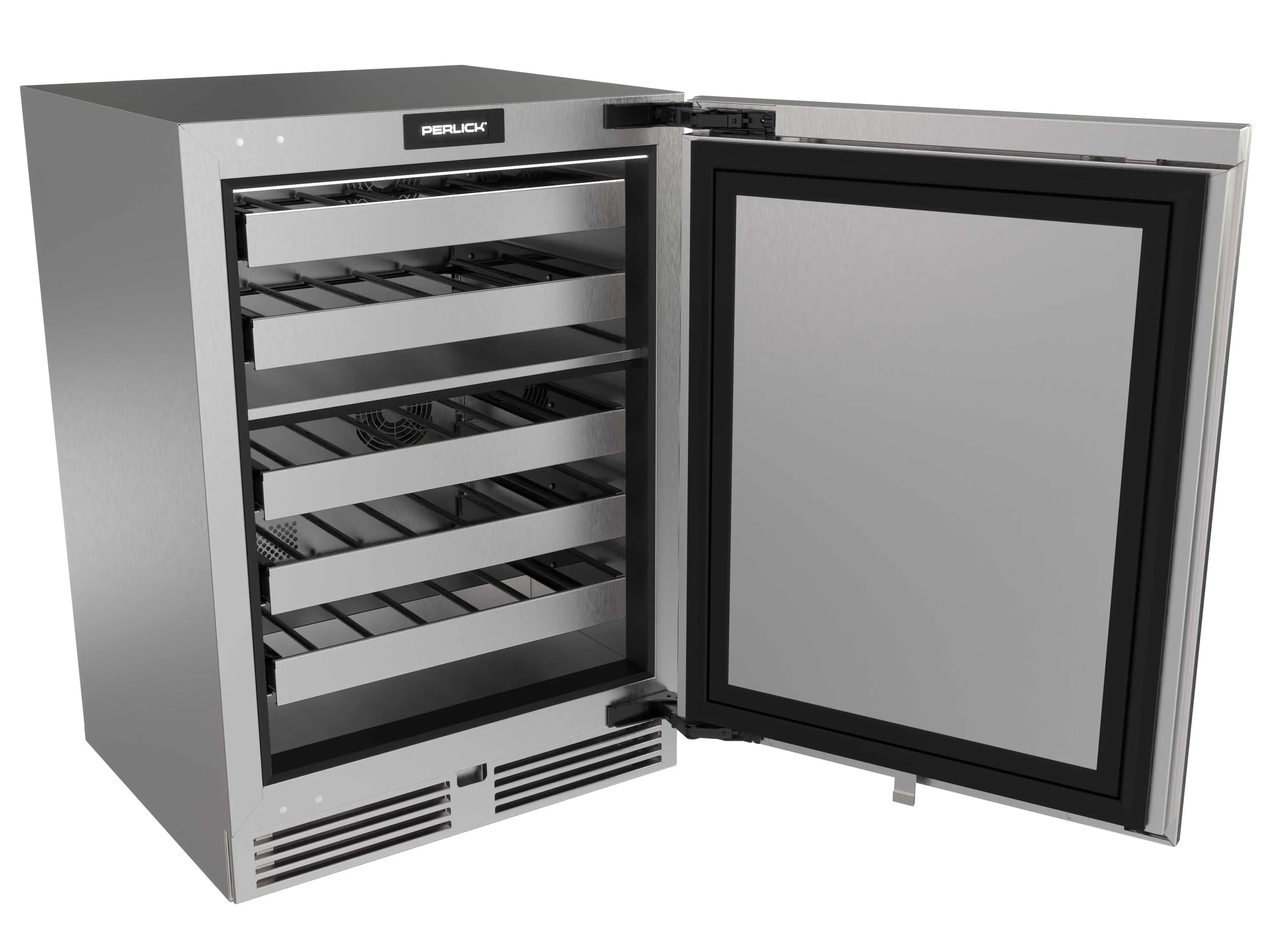 Undercounter dual-zone wine cooler with open door and wire wine racks