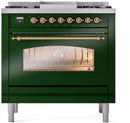 ILVE Nostalgie II 36-Inch Freestanding Natural Gas Dual Fuel Range in Emerald Green with Brass Trim (UP36FNMPEGG)