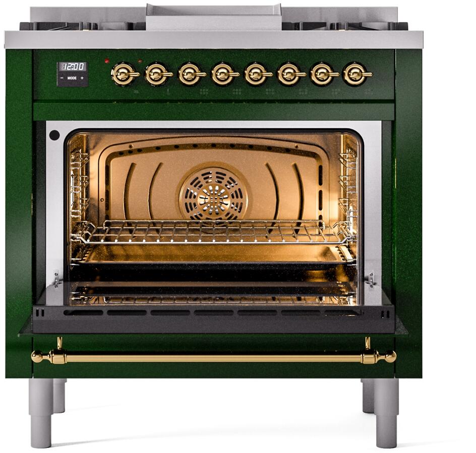 Emerald green dual fuel range oven with open door and visible interior heating elements