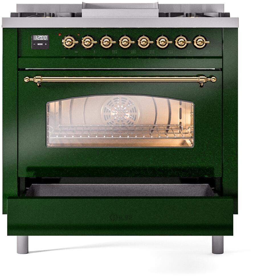 Emerald green range with glass oven door, brass control bar, and front burner knobs