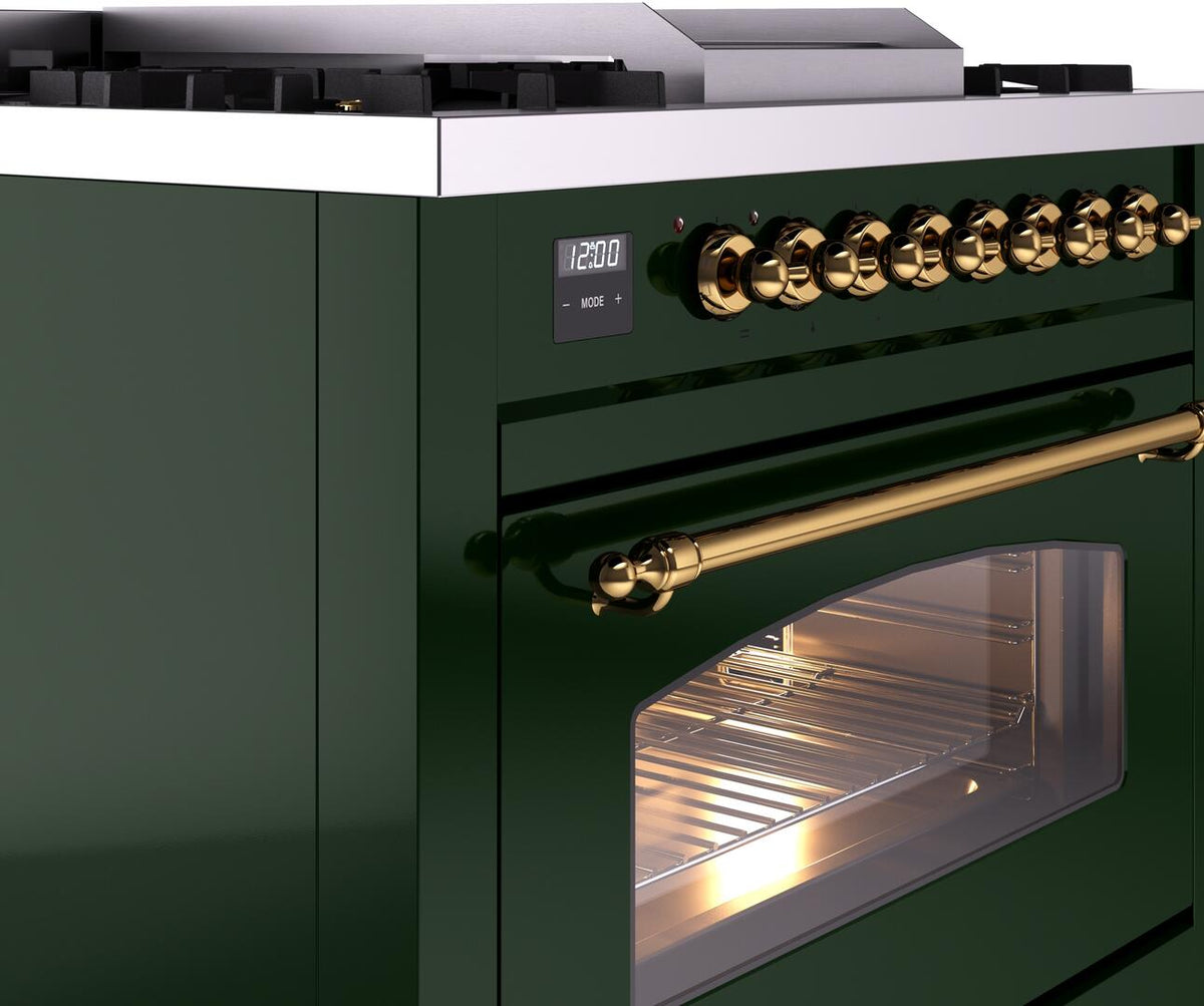 Emerald green dual fuel range control knobs with digital display and brass trim
