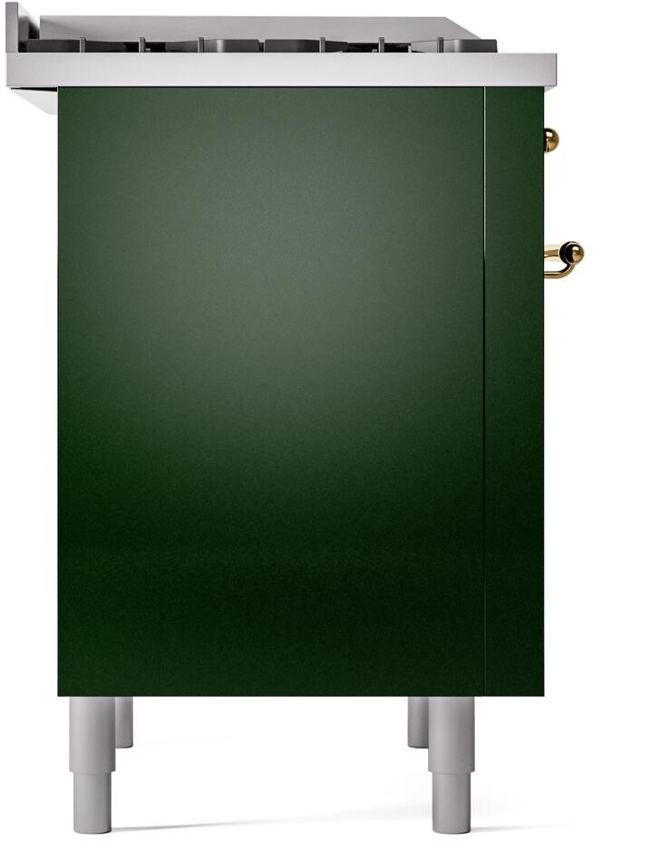 Back side of emerald green dual fuel freestanding range with brass fittings and legs