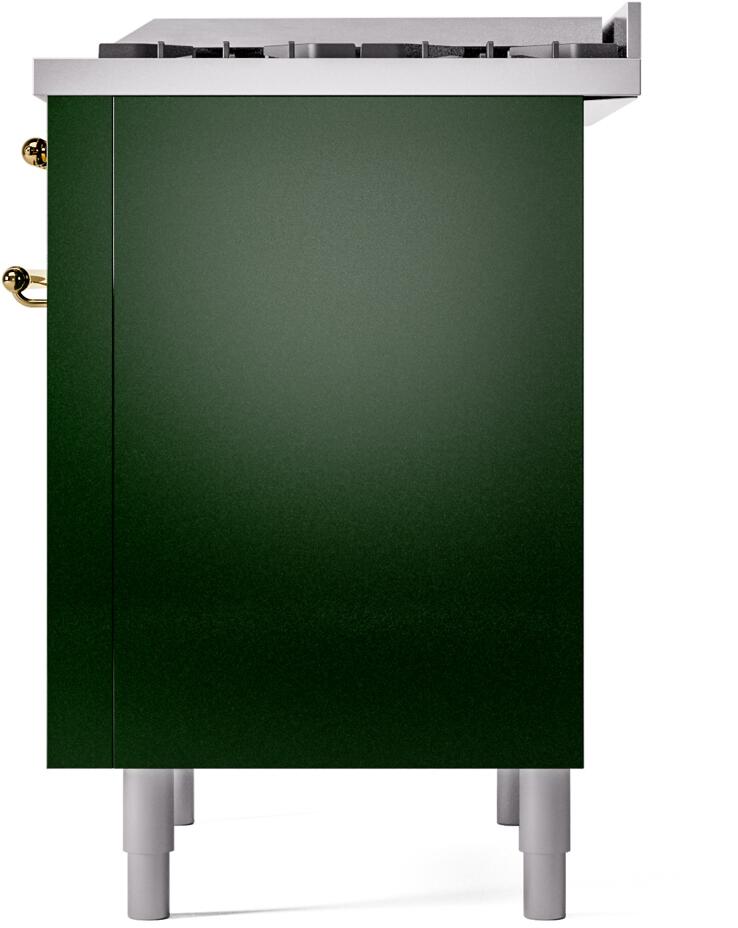 Side panel of an emerald green freestanding dual-fuel range with leveling legs and trim