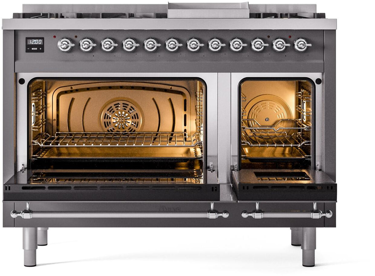 ILVE dual fuel freestanding range with both oven doors open showing warm interior lights