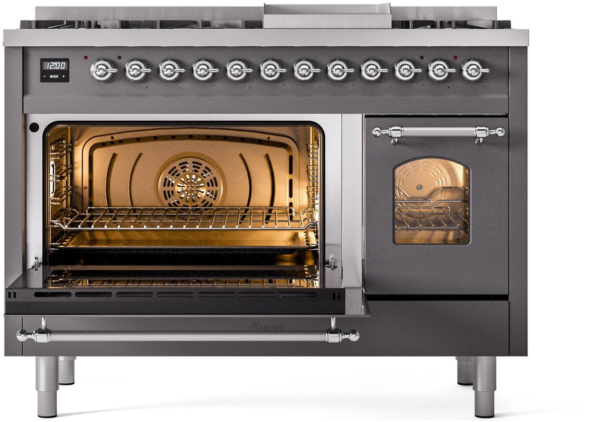 ILVE dual fuel freestanding range front with left oven door open and lit interior