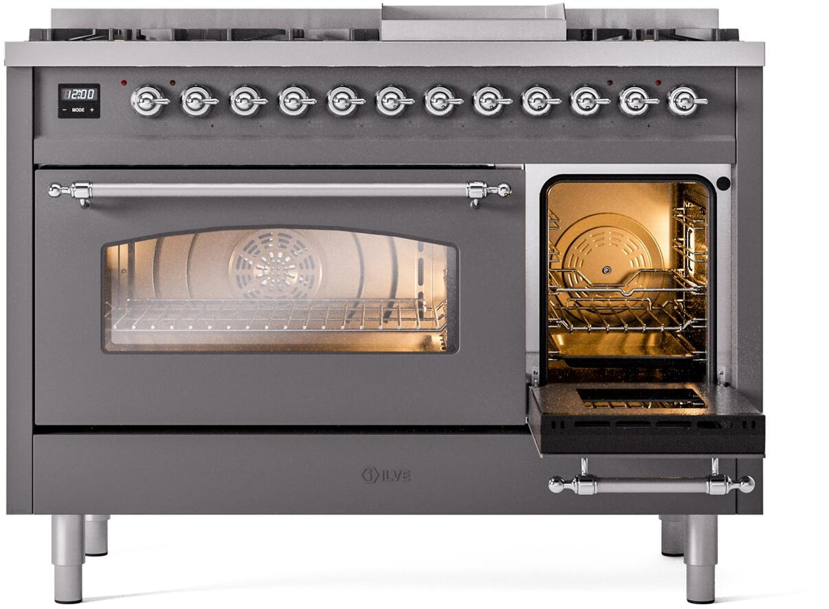 ILVE dual fuel freestanding range front with right oven door open and lit oven cavity