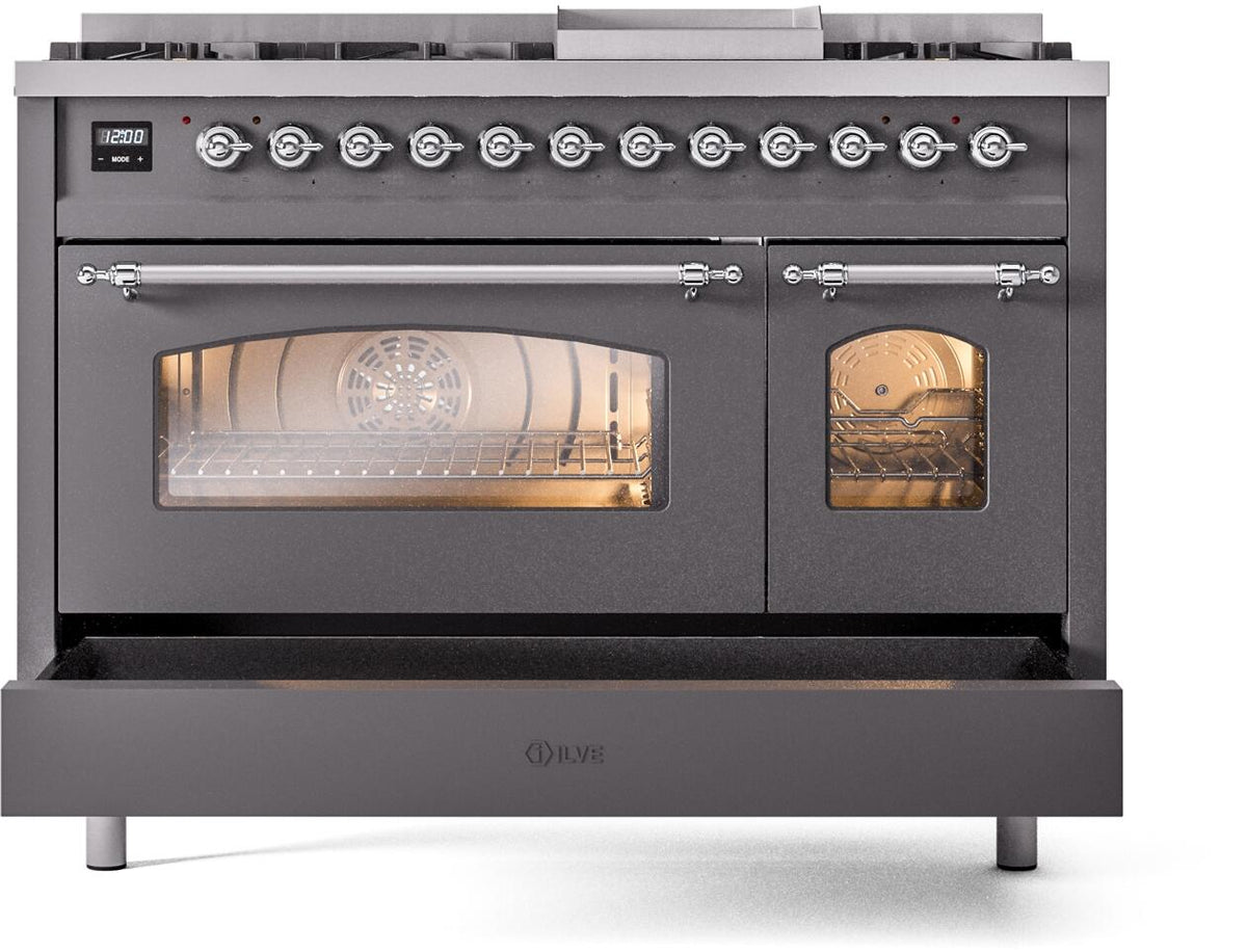 ILVE dual fuel freestanding range front view with lit oven window and matte graphite doors