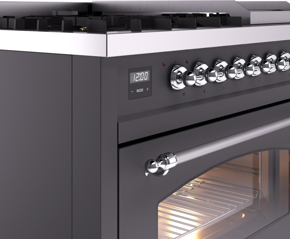 Matte graphite freestanding range with chrome control knobs and digital clock display