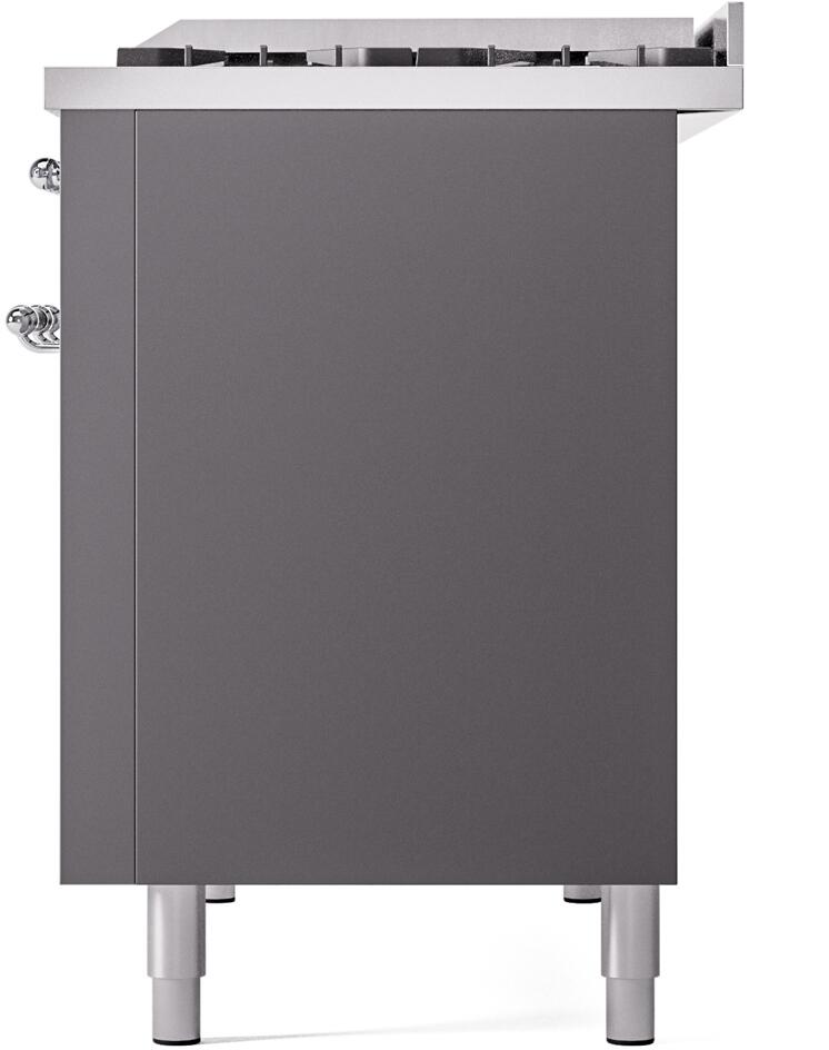 Freestanding dual fuel range rear panel in matte graphite with burner grates top