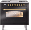 ILVE Nostalgie II 36-Inch Freestanding Natural Gas Dual Fuel Range in Glossy Black with Brass Trim (UP36FNMPBKG)