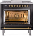 ILVE Nostalgie II 36-Inch Dual Fuel Freestanding Range in Glossy Black with Brass Trim (UP36FNMPBKG)