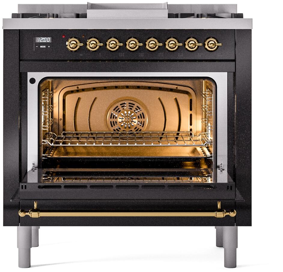 Freestanding dual fuel range with open oven door, brass accents, and rack inside