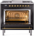 ILVE Nostalgie II 36-Inch Freestanding Natural Gas Dual Fuel Range in Glossy Black with Brass Trim (UP36FNMPBKG)