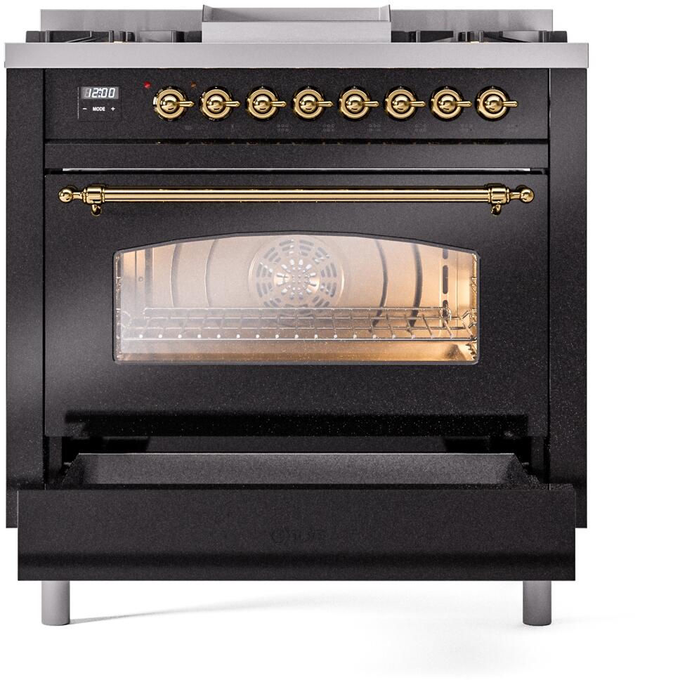 Freestanding dual fuel range with open oven door and brass control knobs