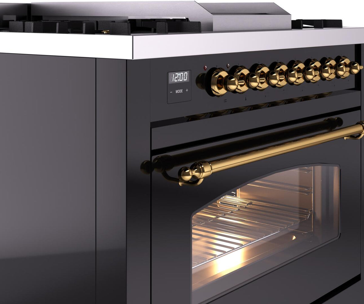 ILVE freestanding dual fuel range front panel with brass knobs and open door