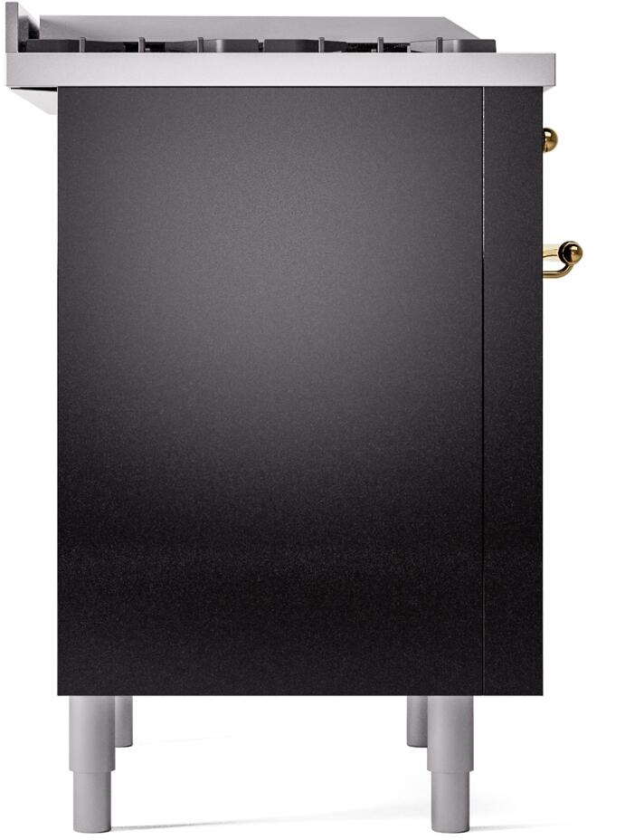 Front view of glossy black freestanding dual fuel range with stainless feet and brass handles