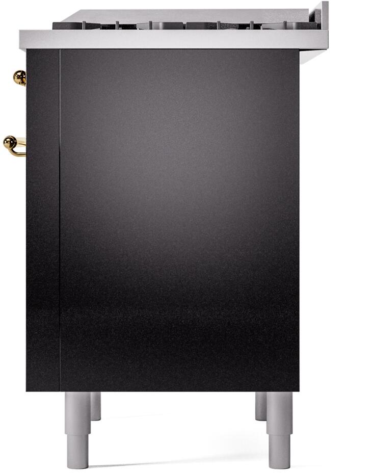 Freestanding dual fuel range rear panel in glossy black with brass hardware