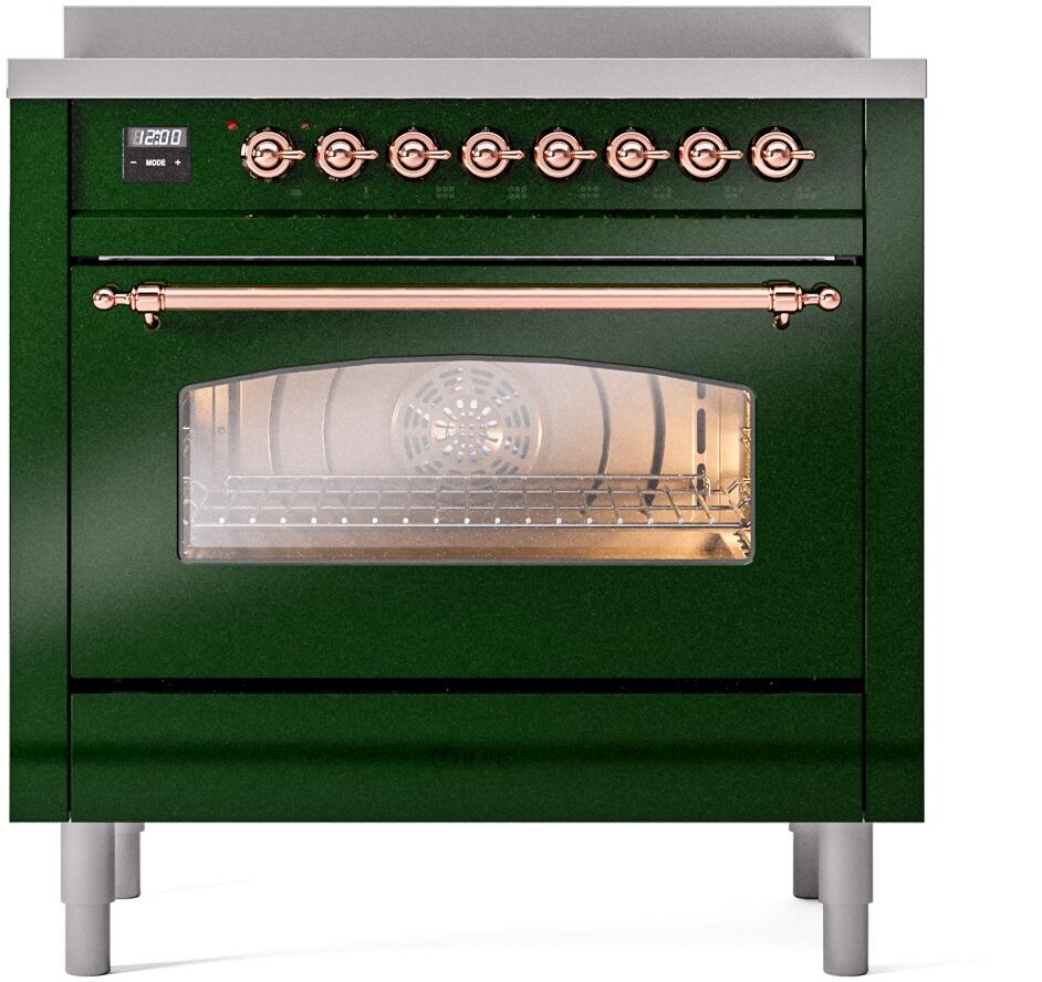 Freestanding electric induction range with oven door open, emerald green and copper trim.