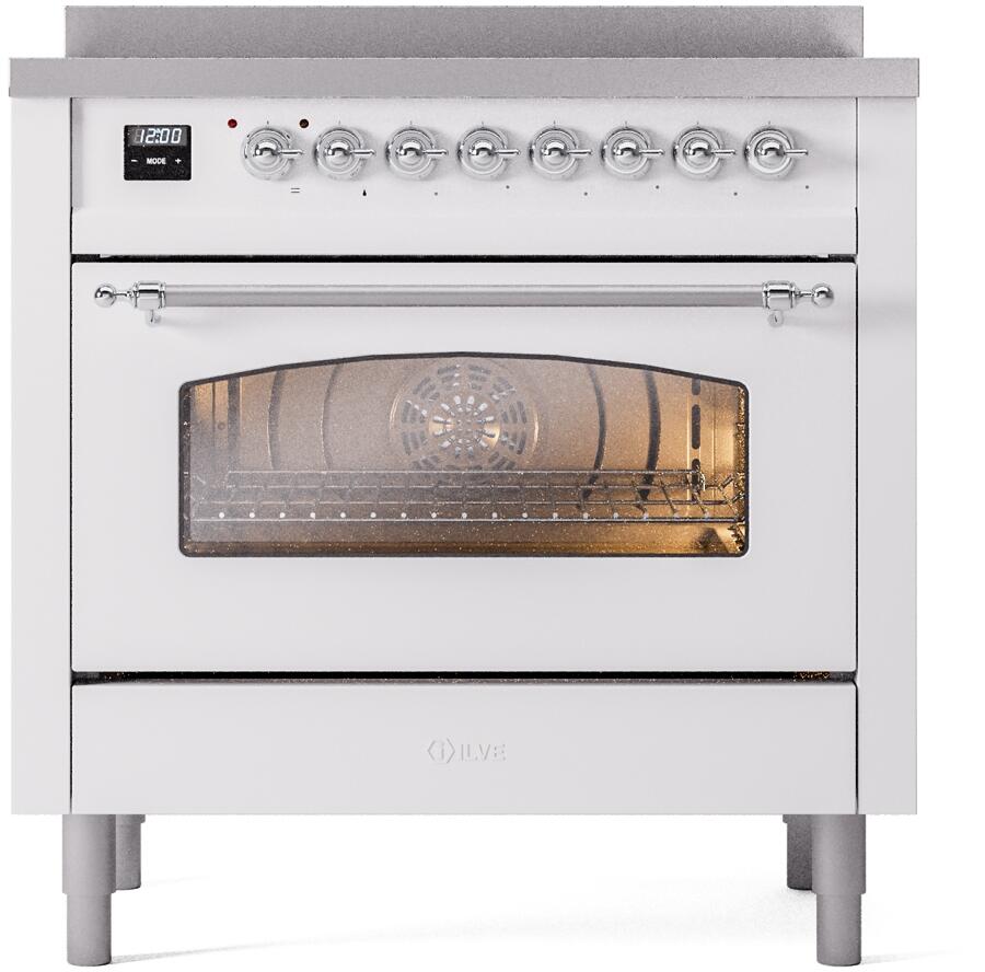 White freestanding electric induction range with open oven door and chrome control knobs