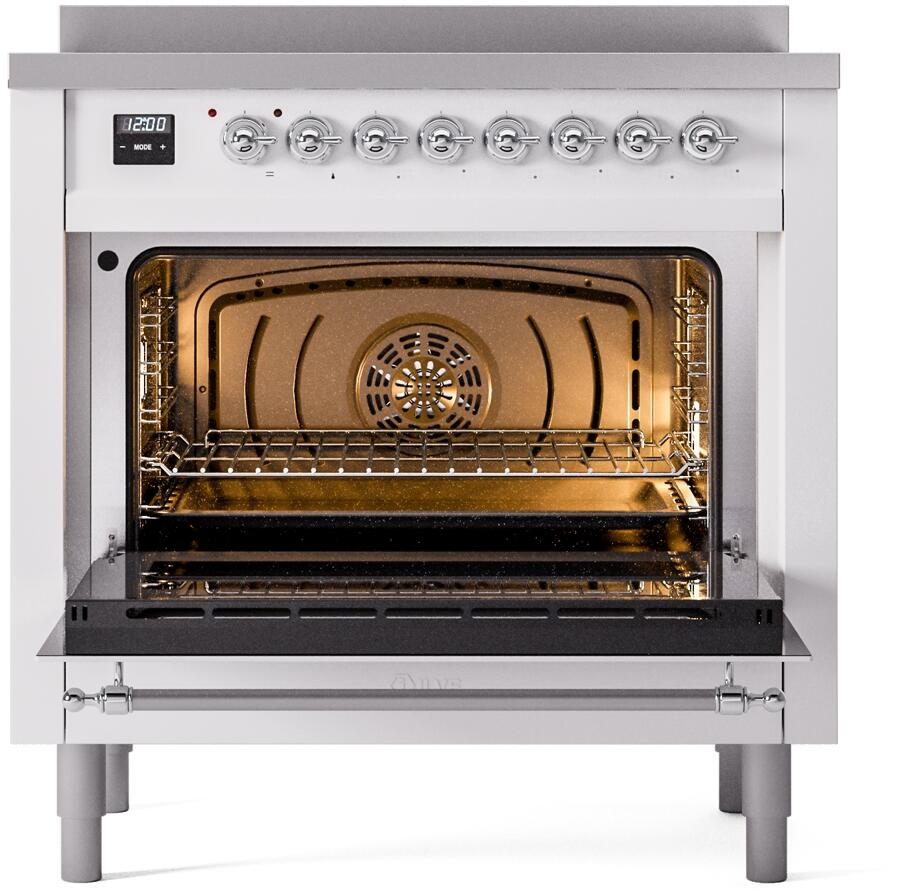 White freestanding electric induction range oven door open, interior light on, racks visible
