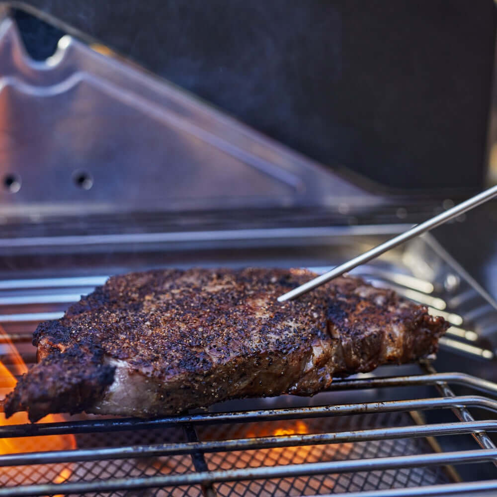 Stainless steel gas grill with open hood, searing meat on the grates