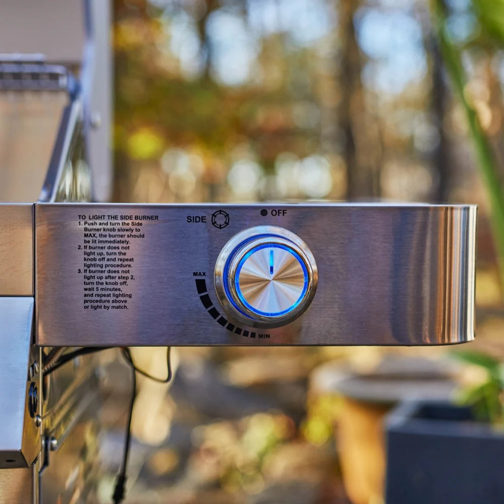 Stainless steel propane gas grill control panel with blue burner knobs