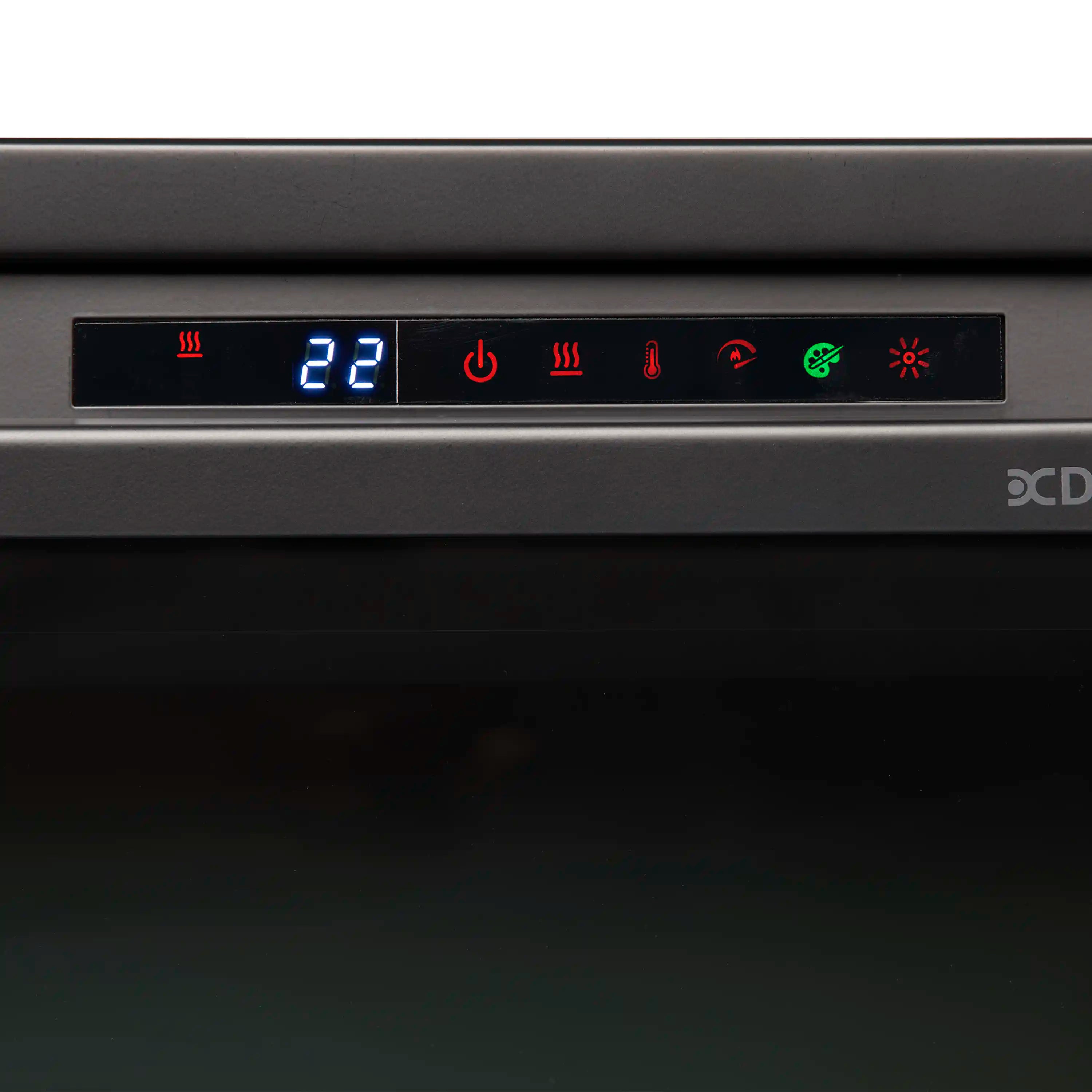 Electric firebox control panel showing temperature 28 and mode icons