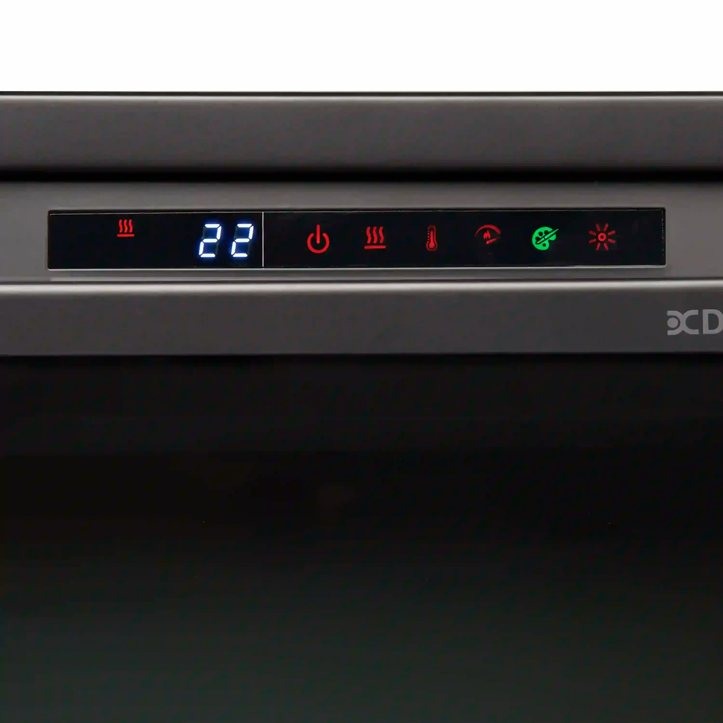 Electric firebox control panel showing 22° temperature and mode icon lights