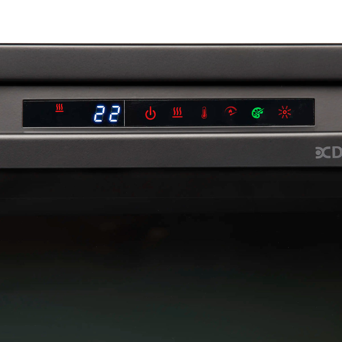 Black electric firebox control panel with blue temperature display and flame icons